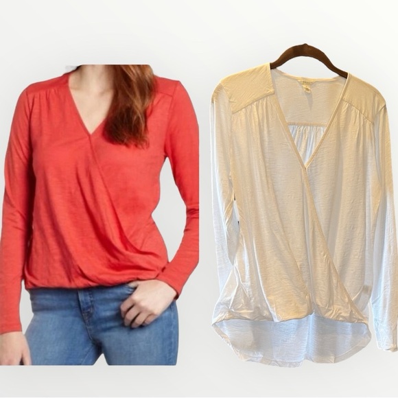 🇪🇸NWT Caslon hi-lo top Blousey v-neck long sleeves Faux wrap cotton bubble hem - Picture 1 of 12